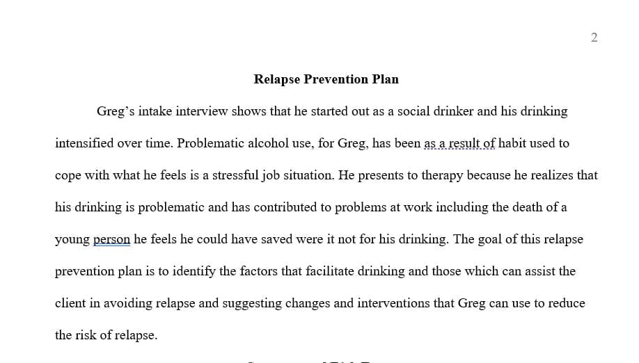 Create a relapse prevention plan for Greg