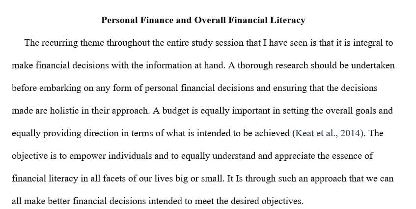 what do you feel is the main idea you learned about personal finance and financial literacy?