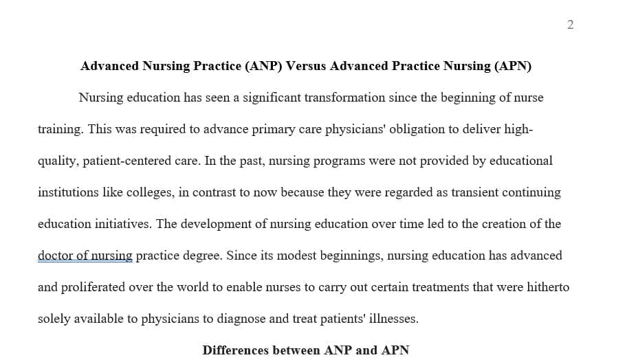 Analyze the differences between advanced nursing practice and advanced practice registered nursing.