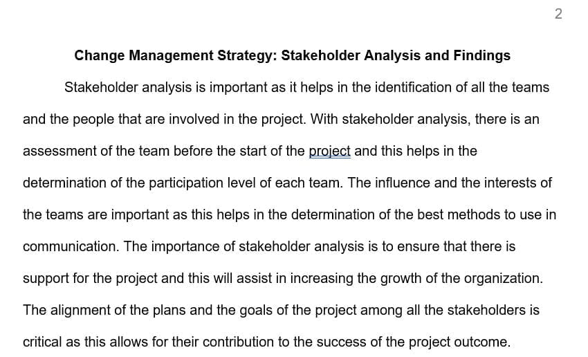 report that explains the stakeholder analysis, illustrates a change diagram or model