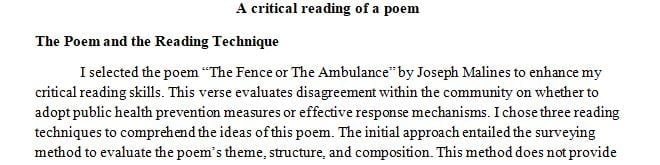 The purpose of the essay is to learn to read poetry closely using poetry reading techniques we have learned about.