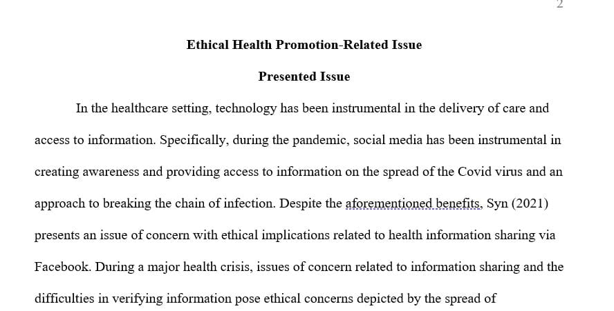 'Find a scholarly, peer-reviewed article no more than four years old that discusses an ethical health promotion-related issue