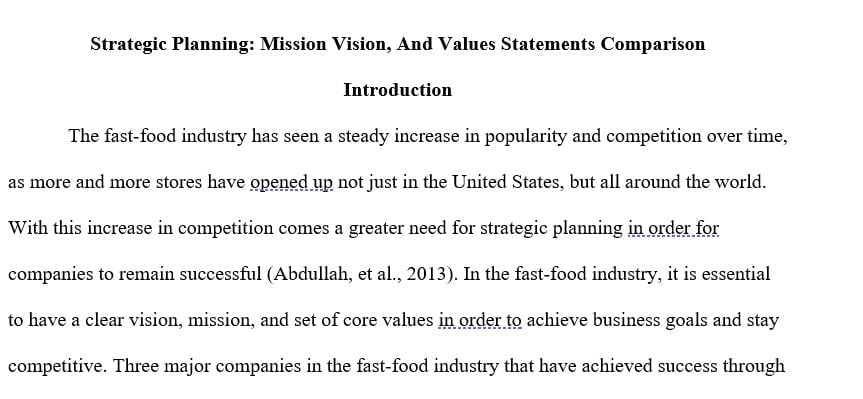 a compare and contrast of three companies' mission/vision/values statements