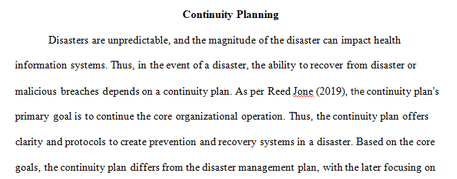 continuity plan in preparation for a disaster