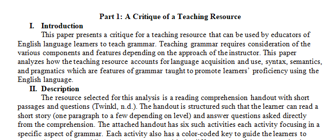 CRITIQUE OF A TEACHING RESOURCE 